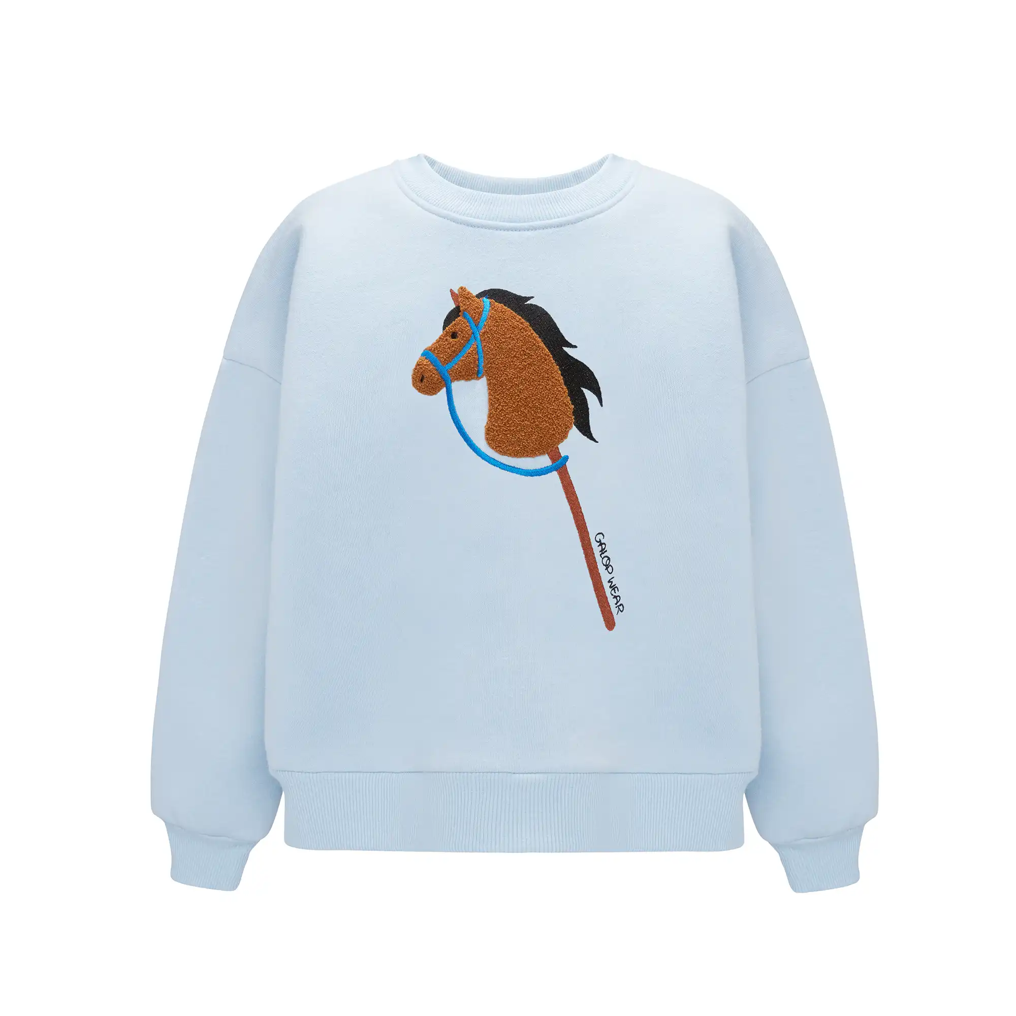 Błękitna bluza jeździecka GALOP WEAR Hobby Horse z haftem 3D, idealna dla miłośników koni i hobby horsingu.
