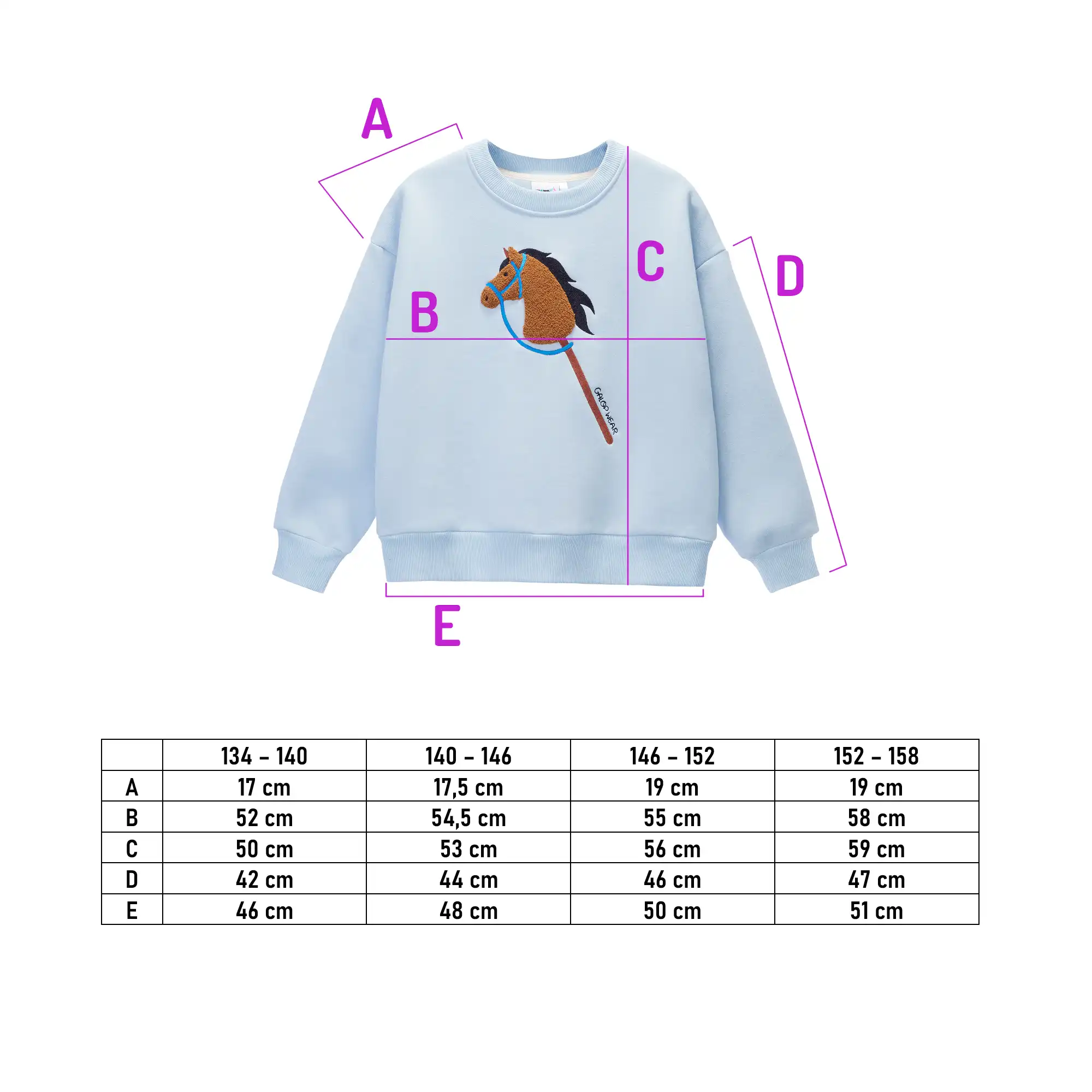 Błękitna bluza jeździecka GALOP WEAR Hobby Horse z haftem 3D, idealna dla miłośników koni i hobby horsingu. Tabela rozmiarow